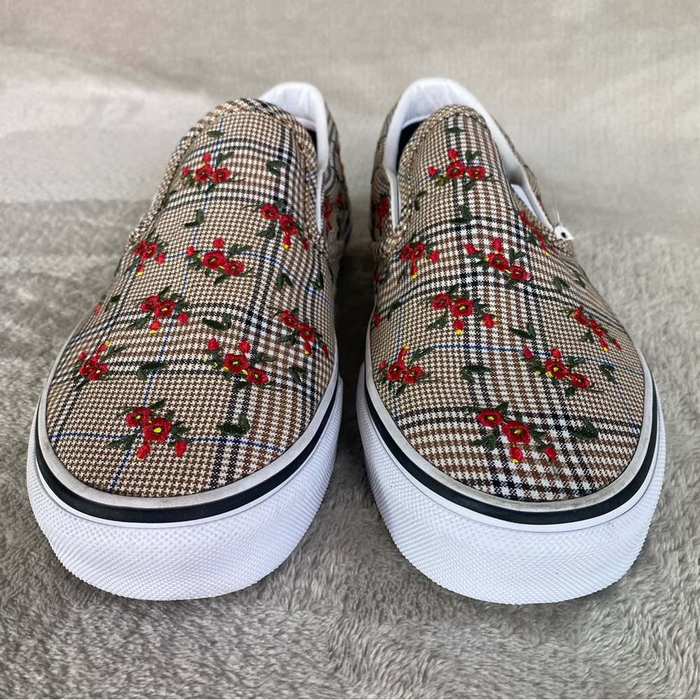 Vans Floral Plaid Slip On Sneaker Skate Shoes Womens Size 5 Brown Red Stitch NEW - Picture 5 of 11